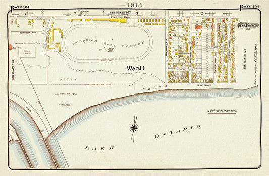 Plate 104, Toronto East, The Beach, Woodbine Race Course, 1913, map on heavy cotton canvas, 20 x 30" or 50 x 75cm. approx.
