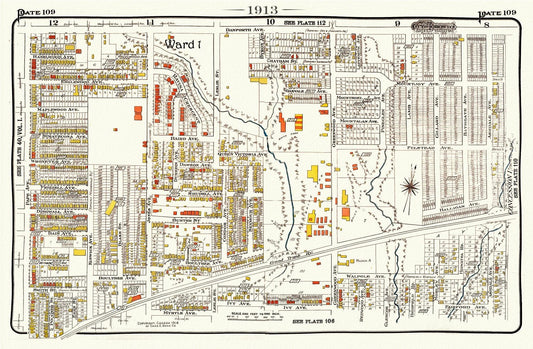 Plate 109, Toronto East, Riverdale East, Leslievile, 1913, map on heavy cotton canvas, 20 x 30" or 50 x 75cm. approx.