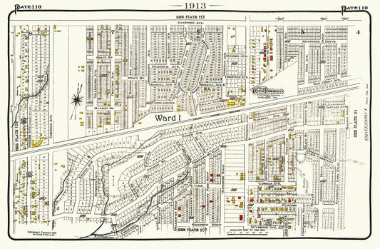 Plate 110, Toronto East, Danforth, Woodbine, 1913, map on heavy cotton canvas, 20 x 30" or 50 x 75cm. approx.