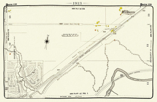 Plate 120, Toronto Uptown East, Leaside Station, 1913, map on heavy cotton canvas, 20 x 30" or 50 x 75cm. approx.