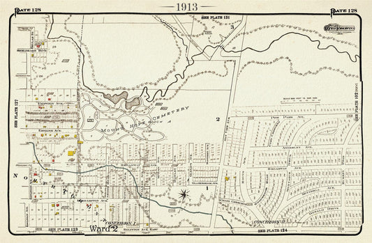 Plate 128, Toronto Northeast, Mount Hope Cemetery, 1913, map on heavy cotton canvas, 20 x 30" or 50 x 75cm. approx.