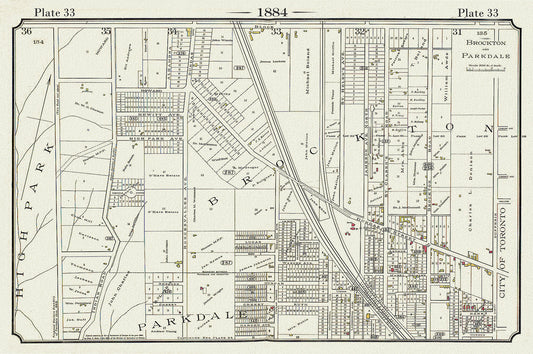 Plate 33, Toronto West, High Park to Brockton, Roncesvalles, 1884, map on heavy cotton canvas, 20 x 30" approx.