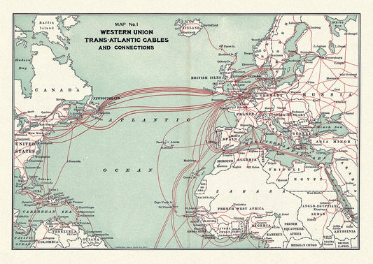 Western Union Trans-Atlantic cables, 1900, map on heavy cotton canvas, 50 x 70 cm (20x25") approx.