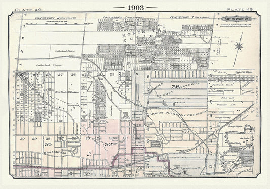 Plate 49, Toronto North, Davisville, Eglinton & Yonge St., 1903, map on heavy cotton canvas, 20 x 30" or 50 x 75cm. approx.