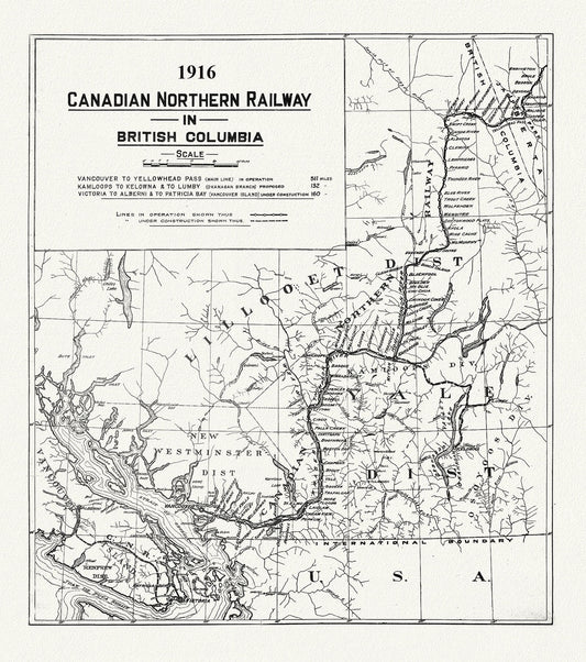 Canadian Northern Railway in British Columbia, 1916 , map on heavy cotton canvas, 50 x 70cm, 20 x 25" approx.