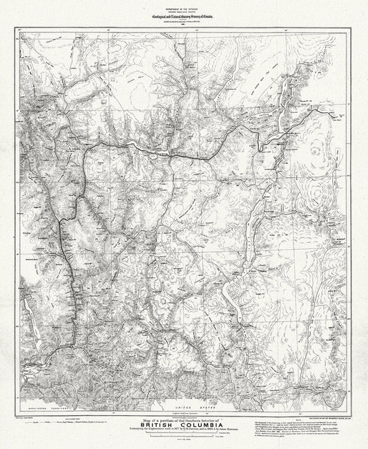 Map of portion of  Southern Interior of British Columbia ,the explorations in 1877, Dawson, , map on heavy cotton canvas, 20 x 25" approx.
