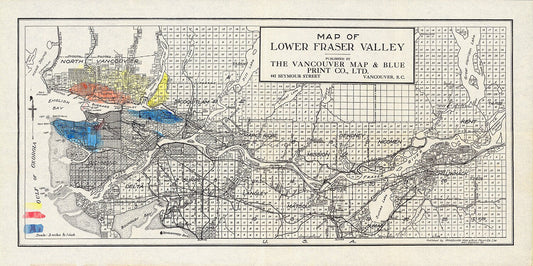 Lower Fraser Valley, Topping auth., 1910, map on heavy cotton canvas, 50 x 70cm, 20 x 25" approx.
