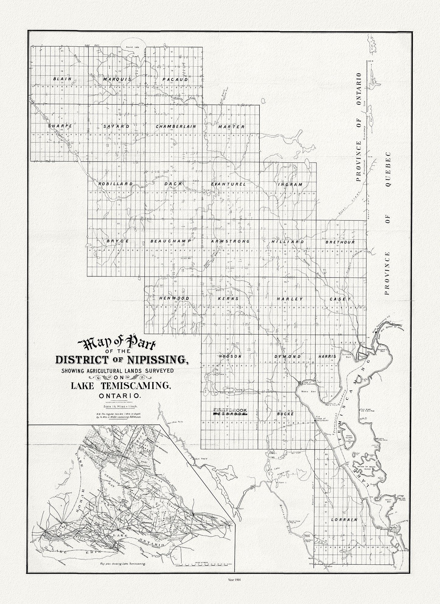 Map of part of the district of Nipissing showing agricultural lands surveyed on Lake Temiscaming, Ontario, 1901