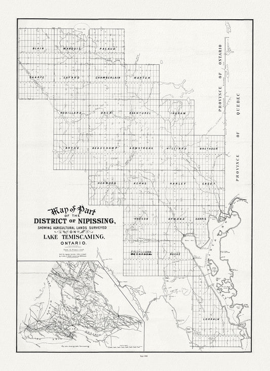 Map of part of the district of Nipissing showing agricultural lands surveyed on Lake Temiscaming, Ontario, 1901