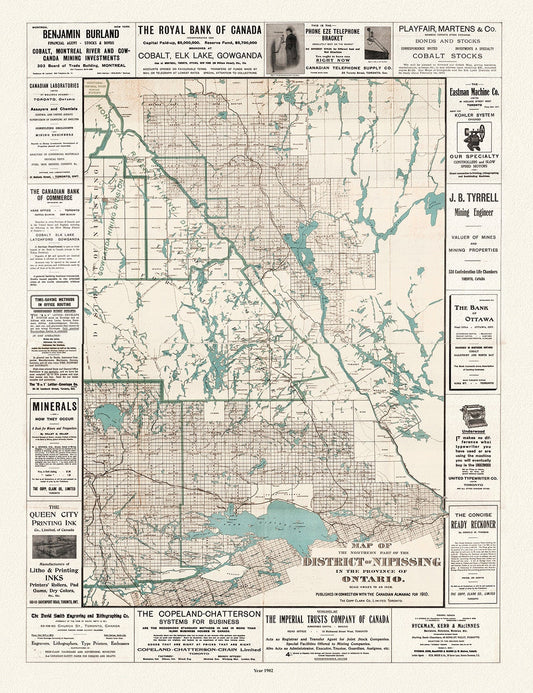 Northern part of the District of Nipissing in the province of Ontario, 1902, map on heavy cotton canvas, 50 x 70cm, 20 x 25" approx.