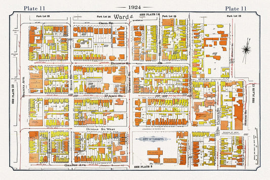 Plate 11, Toronto Downtown West, Art Gallery of Ontario, 1924, map on heavy cotton canvas, 20 x 30" or 50 x 75cm. approx.