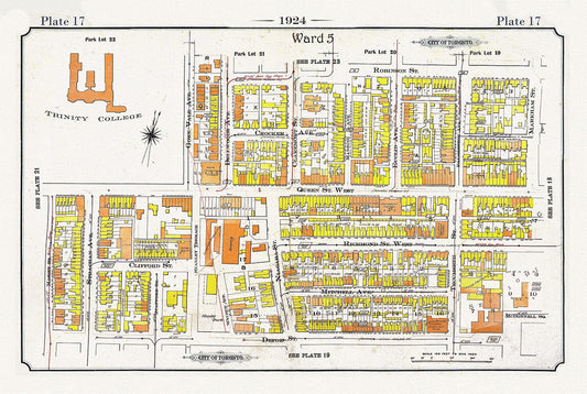 Plate 17, Toronto West, Parkdale-Trintity, 1924, map on heavy cotton canvas, 20 x 30" or 50 x 75cm. approx.