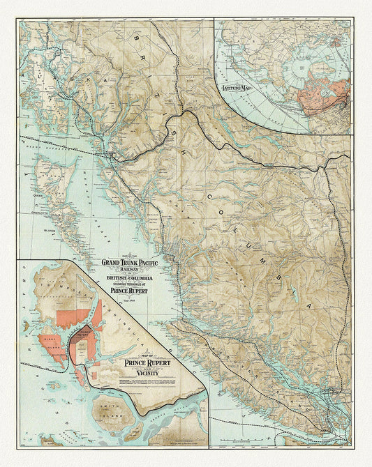 Map Of The Grand Trunk Pacific Railway In British Columbia, 1910, map on heavy cotton canvas, 20 x 30" or 50 x 75cm. approx.