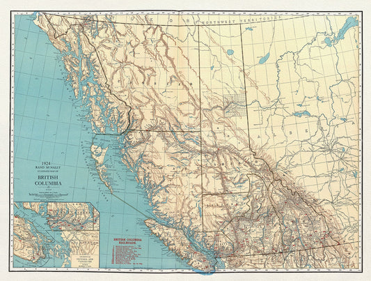 British Columbia, Commercial Atlas, Rand McNally & Company, 1924, map on heavy cotton canvas, 50 x 70cm, 20 x 25" approx.