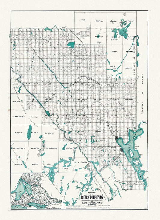 Map of part of the District of Nipissing showing Agricultural lands on Lake Temiskaming Ontario, 1907, map on canvas, 20 x 25" approx.