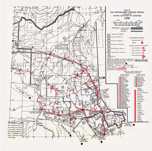 Map of the Northeastern Ontario Region, 1958, map on heavy cotton canvas, 50 x 70cm, 20 x 25" approx.