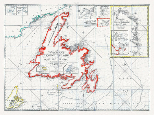 A new chart of Newfoundland, and coast of Labrador extending to Sandwich Bay, Blachford ,1838 , cotton canvas, 45 x 65 cm, 18 x 24" approx.