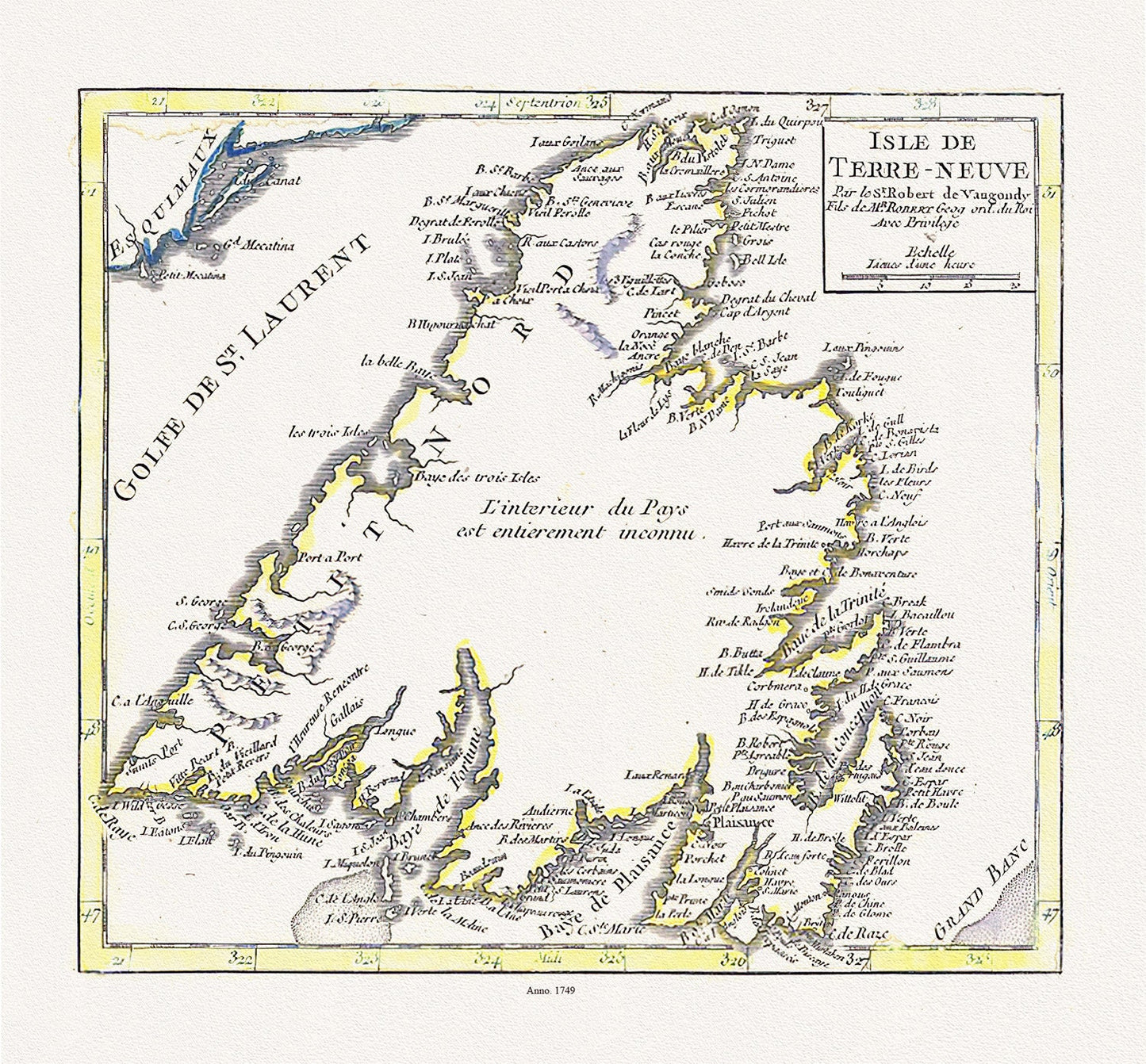 Isle de Terre-neuve, Vaugondy auth., 1749 , map on heavy cotton canvas, 45 x 65 cm, 18 x 24" approx.