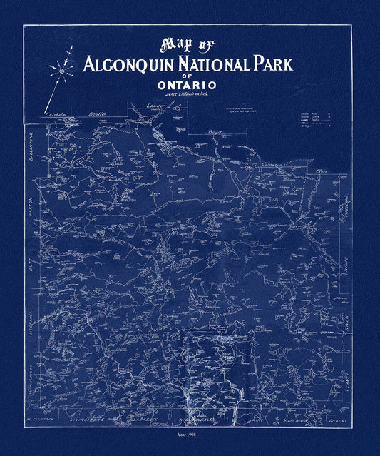 Historic Algonquin Park Map, Dr. Bell auth., 1908 Ver. Cyanotype , map on heavy cotton canvas, 45 x 65 cm, 18 x 24" approx.