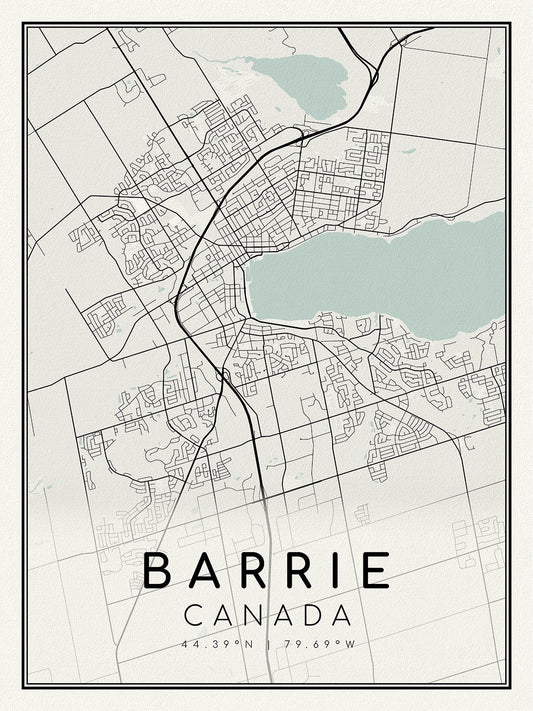 Barrie, Ontario, map on heavy cotton canvas, 45 x 65 cm, 18 x 24" approx.