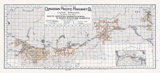 Canadian Pacific Railway Co. shewing Land Grants in Mainline Belt, South Western Saskatchewan & South Eastern Alberta, 1909, 14 x 36" approx
