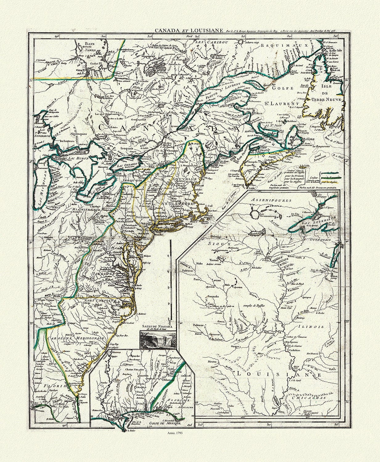 LaRouge, Canada et Louisiana, 1793, map on heavy cotton canvas, 50 x 70 cm, 20 x 25" approx.