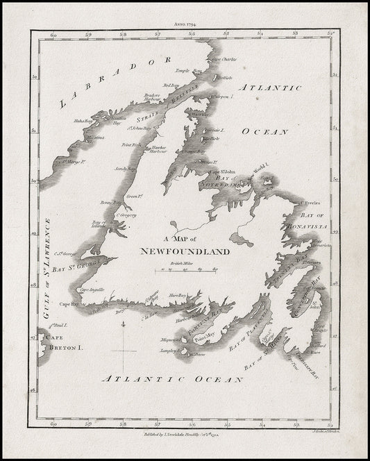 A Map of Newfoundland, Stockdale auth., 1794, map on heavy cotton canvas, 50 x 70 cm, 20 x 25" approx.
