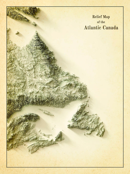 Relief Map of Atlantic Canada, 1924 Ver. IV , map on heavy cotton canvas, 50 x 70 cm, 20 x 25" approx.