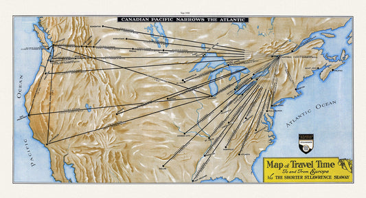 Map of Travel Time To and From Europe Via the Shorter St. Lawrence Seaway, 1938 Ver. 1 , map on cotton canvas, 50 x 70 cm, 20 x 25" approx.