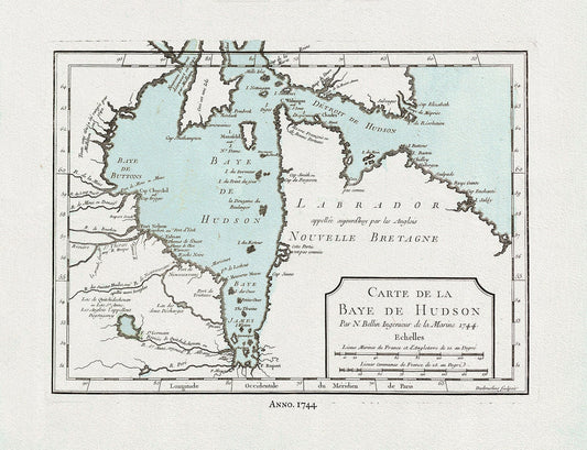 Bellin, Carte de la Bye de Hudson, 1744 Ver. II, map on heavy cotton canvas, 50 x 70 cm, 20 x 25" approx.