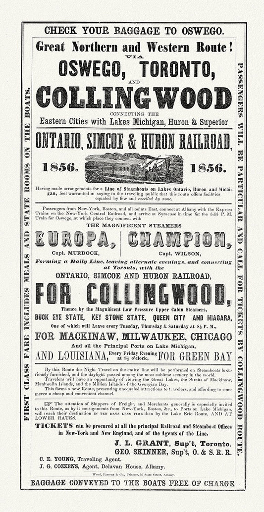 Railways to Collingwood, 1856, map on durable cotton canvas,  16x29" approx.