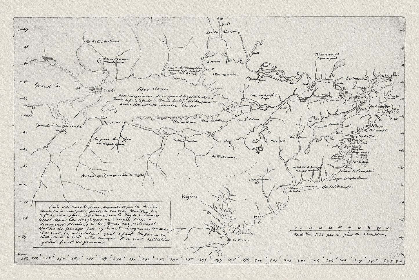 Carte de la Nouvelle France, Champlain (1632) et Thoreau (1850), map on heavy cotton canvas, 50 x 70 cm, 20 x 25" approx.