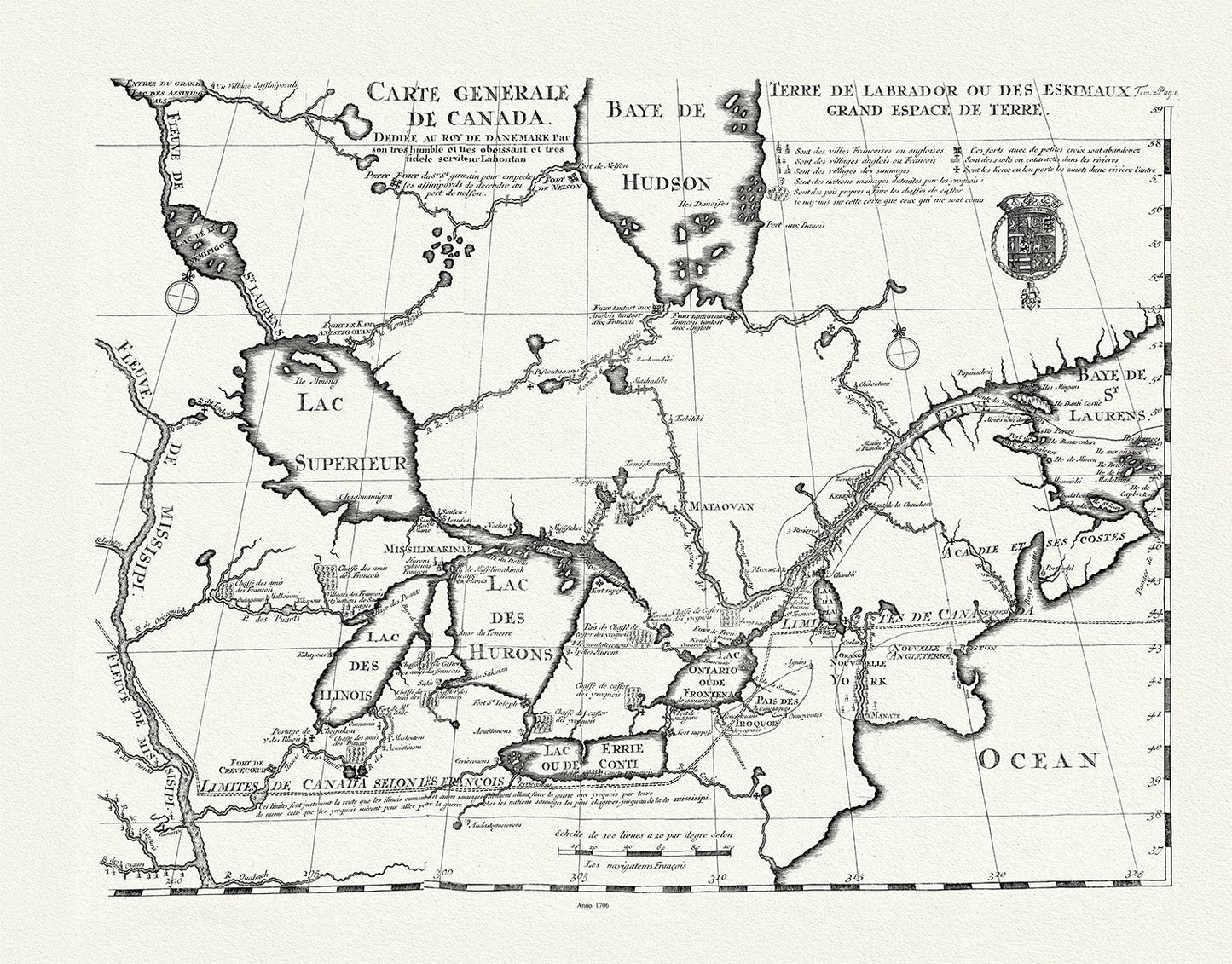 Carte generale de Canada, Lahotan auth., 1706, map on heavy cotton canvas, 50 x 70 cm, 20 x 25" approx.