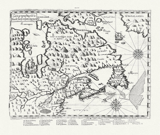 Carte geographique de la Nouelle franse en son vray moricha, Champlain auth., 1613, map on heavy cotton canvas, 50 x 70 cm, 20 x 25" approx.