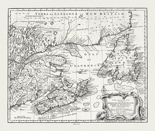 A new & accurate map of Newfoundland, Cape Breton, St. John and Anticosta, with Nova Scotia, Canada, 1752 , on canvas, 20 x 25" approx.
