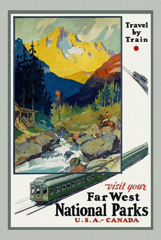 Travel By Train, USA-Canada , vintage train travel poster on heavy cotton canvas, 50 x 70 cm, 20 x 25" approx.