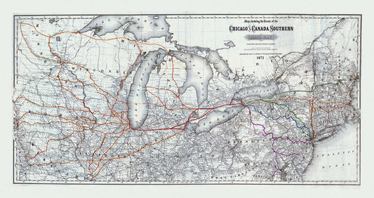 Map showing the route of the Chicago and Canada Southern Railway and its connecting lines, Colton auth., 1872 on canvas,  20 x 25" approx