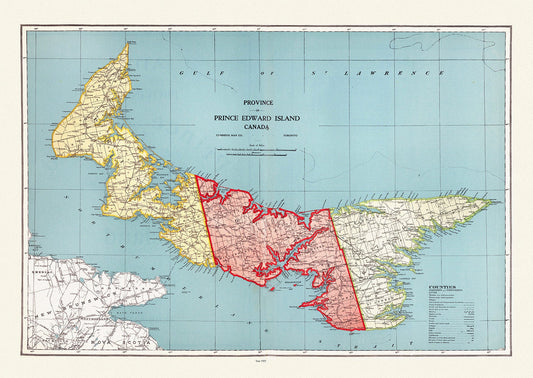 Province of Prince Edward Island, Canada, 1925, vintage map reprinted on durable cotton canvas, 50 x 70 cm or 20x25" approx.