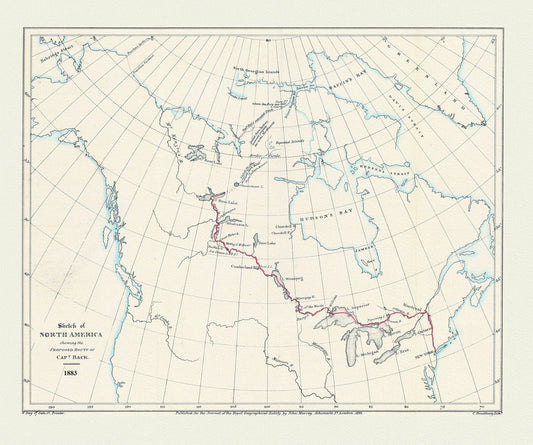 Sketch of North America shewing the proposed route of Capt. Back, 1833, map on heavy cotton canvas, 50 x 70 cm, 20 x 25" approx.