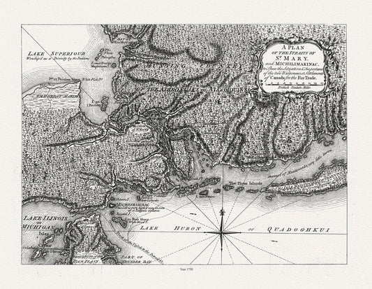 Plan of the Straits of St. Mary, and Michilimakinac shewing  the two westernmost settlements of Canada, 1750,  50 x 70 cm, 20 x 25" approx.