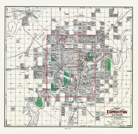 Edmonton and suburbs, 1913, Mundy auth. , map on durable cotton canvas, 50 x 70 cm or 20x25" approx.