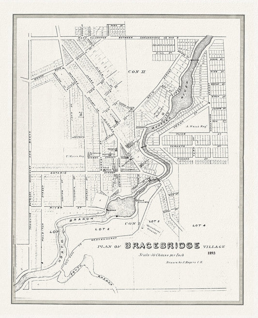 Bracebridge, Muskoka Region, 1893, map on durable cotton canvas, 50 x 70 cm or 20x25" approx.