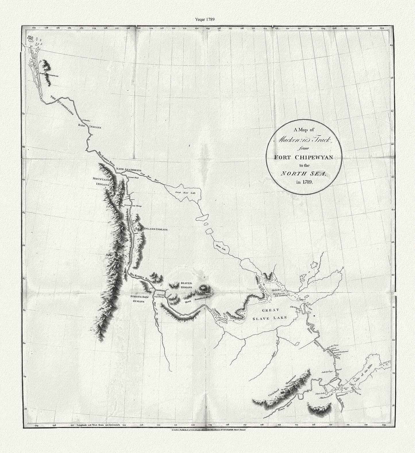 A map of Mackenzie's track from Fort Chipewyan to the north sea in 1789, canvas, 50 x 70 cm or 20x25" approx.