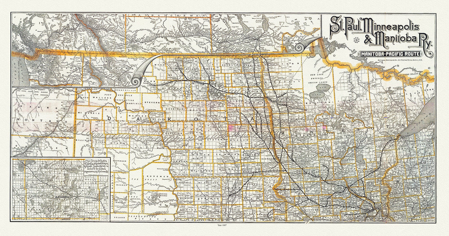 St. Paul, Minneapolis & Manitoba Railway, 1887, map on durable cotton canvas, 50 x 70 cm, 20 x 25" approx.