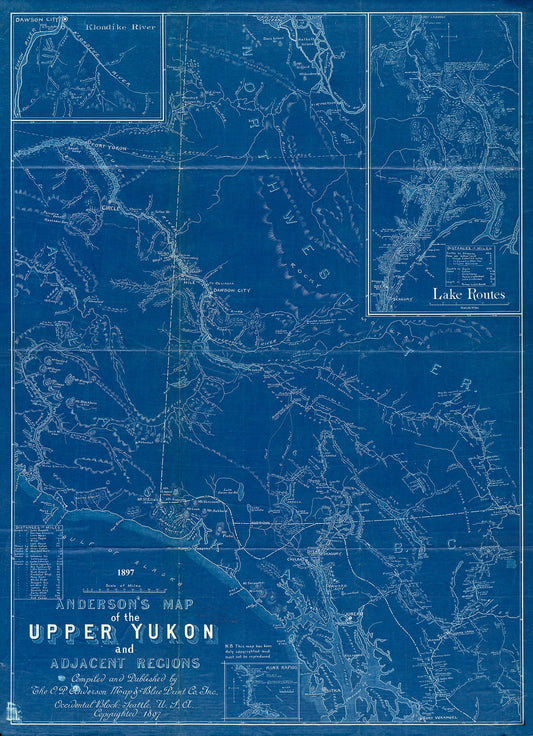 Anderson's map of the Upper Yukon and adjacent regions, 1897, Cyanotype map on durable cotton canvas, 50 x 70 cm, 20 x 25" approx.