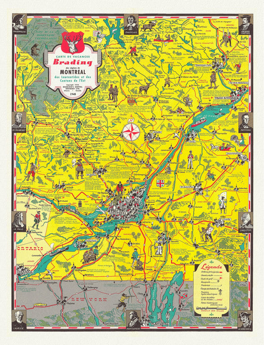 Montreal, Carte des Vacances des regions, 1948, map on durable cotton canvas, 50 x 70 cm, 20 x 25" approx.