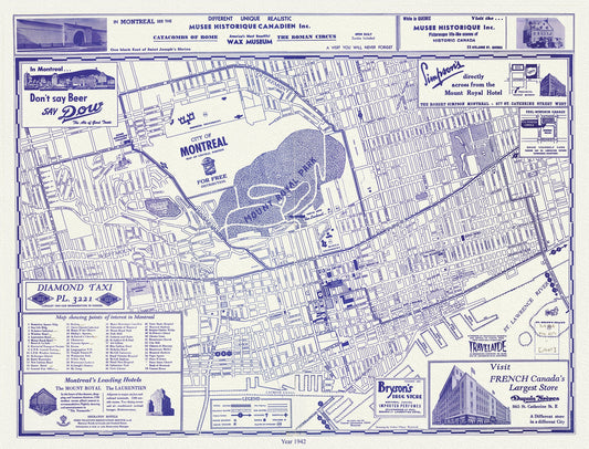 Montreal, a base Map, 1942 reprinted on durable cotton canvas, 50 x 70 cm, 20 x 25" approx.