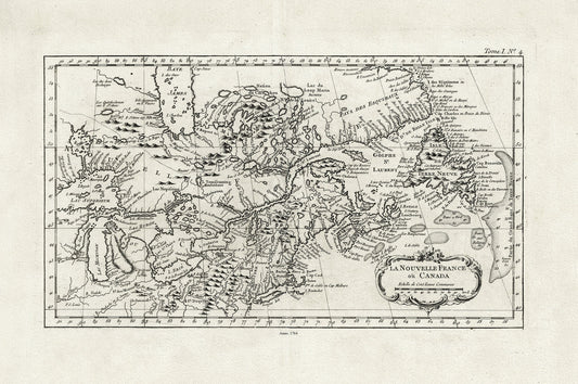La Nouvelle France où Canada, ,Bellin, 1764 Ver. II, vintage map reprinted on durable cotton canvas, 50 x 70 cm, 20 x 25" approx.