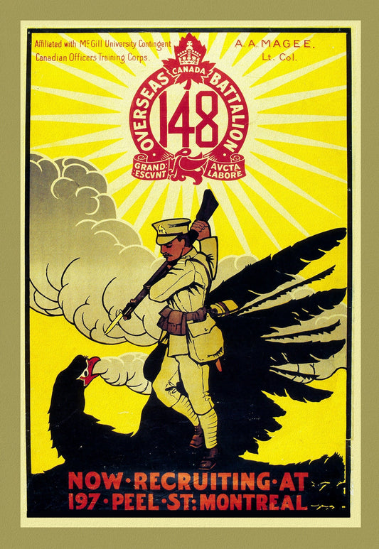 Canada WW I Poster, Now Recruiting, vintage war poster on durable cotton canvas, 50 x 70 cm, 20 x 25" approx.