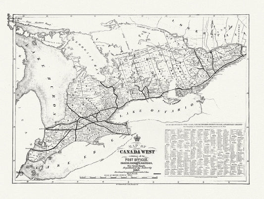 Canada West, Post Offices, Towns, Railroads, 1863, railroad map on durable cotton canvas, 50 x 70 cm or 20x25" approx.